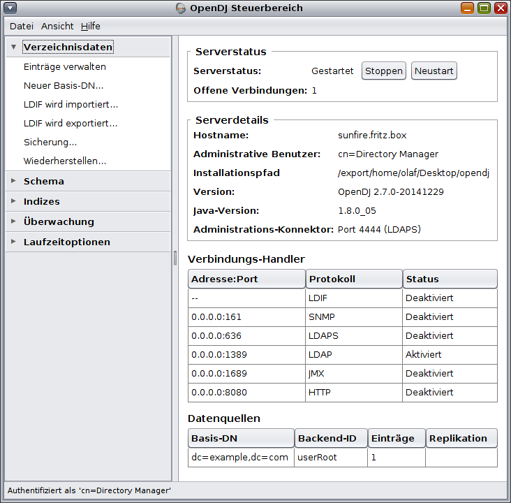 OpenDJ Control-Panel Übersicht Screenshot